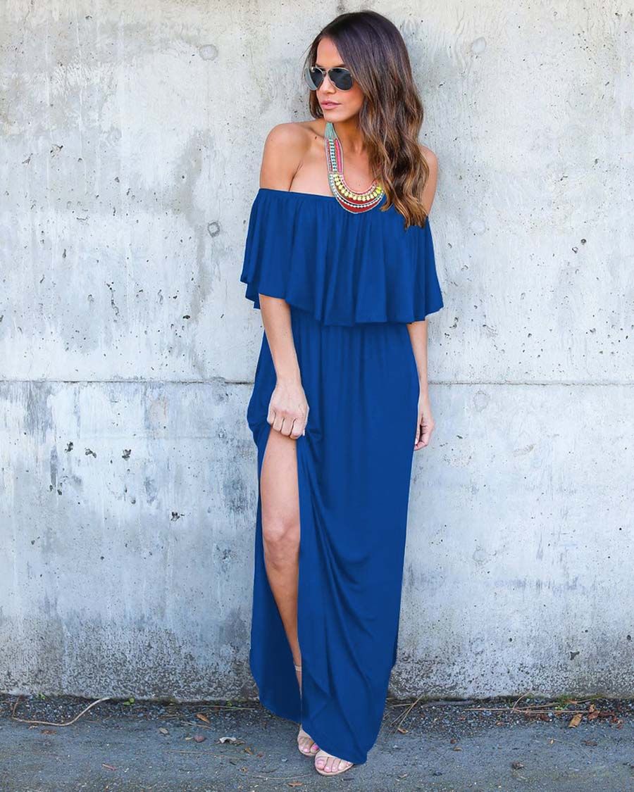 2017 Royal Blue Casual Dresses With Pockets Off Shoulder Ruffled Long ...