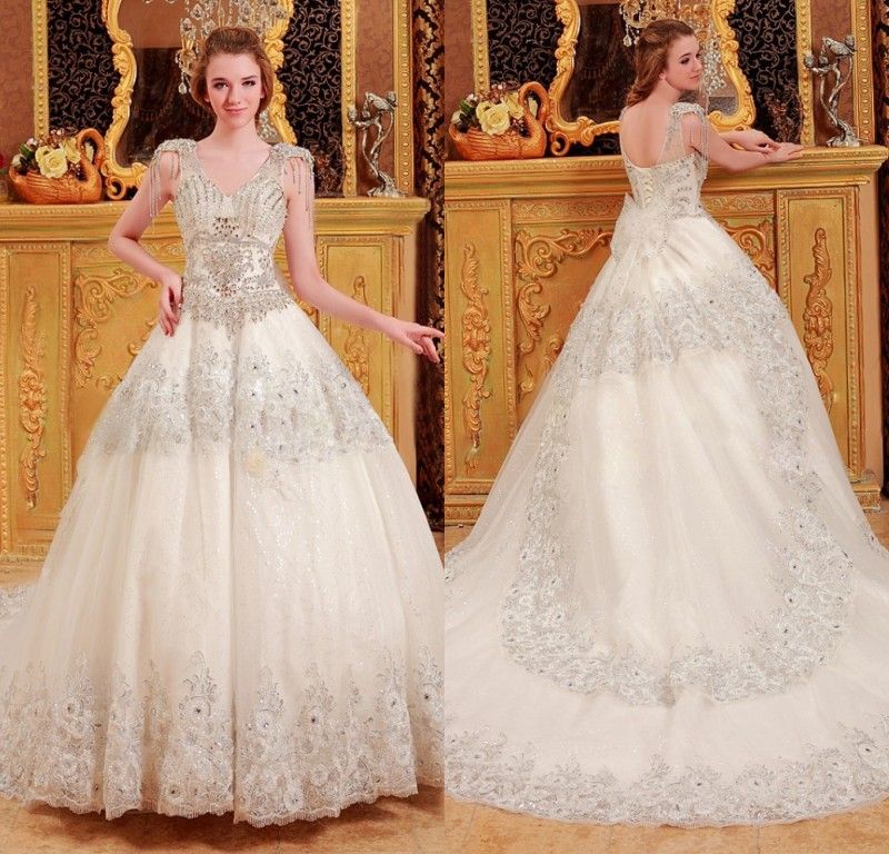 2015 Vintage Sheer Wedding Dresses Lace V Neck Shiny Crystal Sequins ...