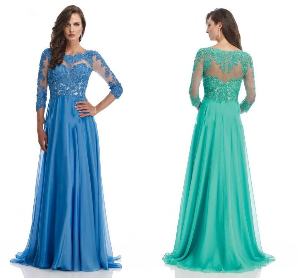 2016 Green/Blue Lace Applique Mother of the Bride&Groom Dresses with 3/ ...