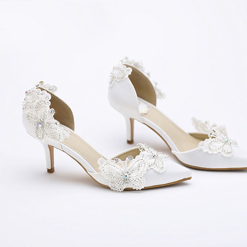 Kitten Heel Pointed Toe Bridal Shoes Women White Satin Pumps ...