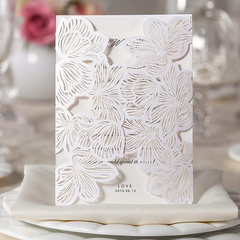 customized lace hollow white flower folded wedding invitations blank