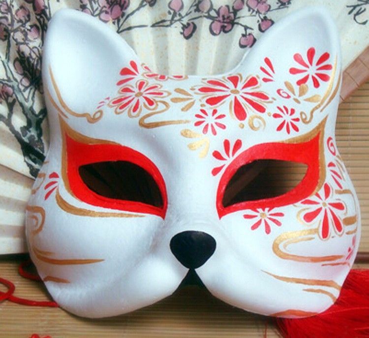 Hand- Painted Fox Mask Endulge Japanese Animal Mask Half Face Halloween ...