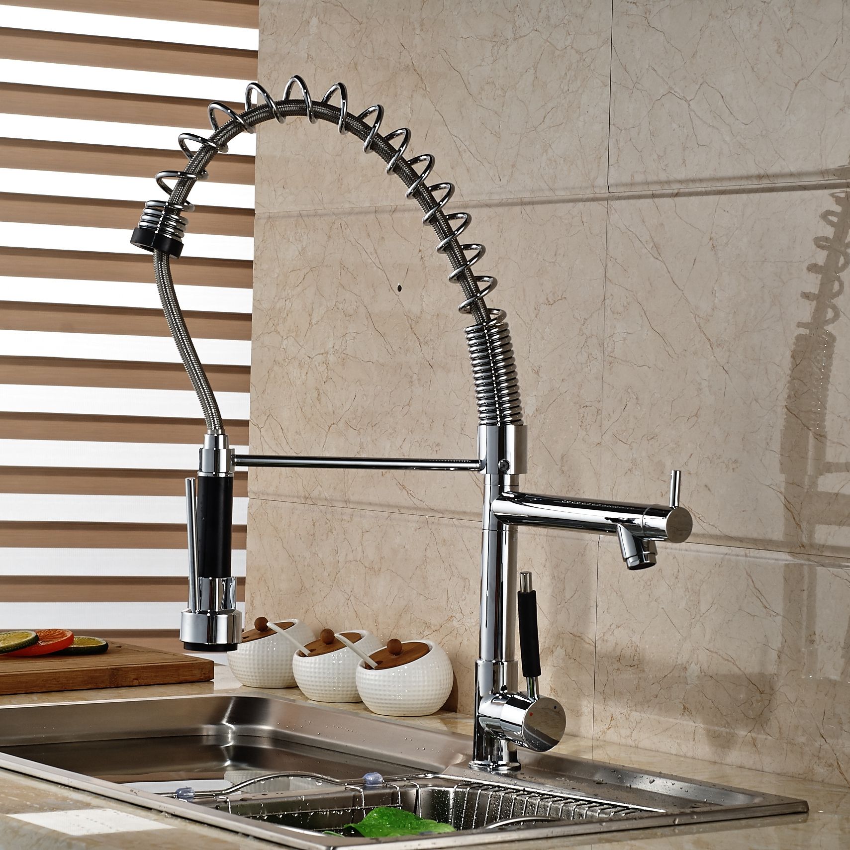 Modern Spring Tall Kitchen Faucet Dual Sprayer Spout Single Handle Deck Mounted Mixer Tap