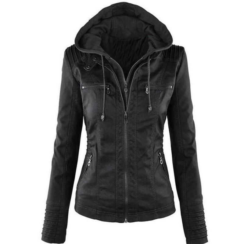 Women Jackets Female Faux Leather Jacket Long Sleeve Hat Removable Women Jackets Female Faux Leather Jacket Long Sleeve Hat Removable Basic Coats Waterproof Windproof Winter S Clothing Custom Black