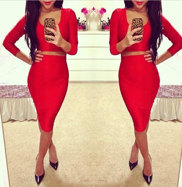 two piece red dress set