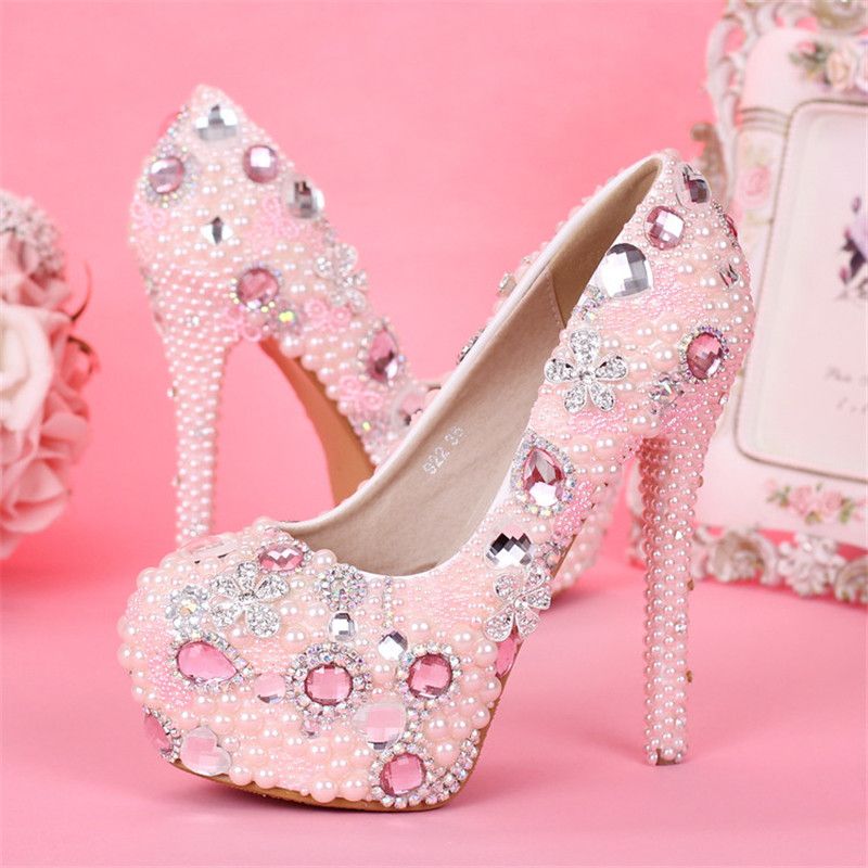 New Beautiful Wedding Shoes Round Toe Crystal Flowers High Heels Bridal