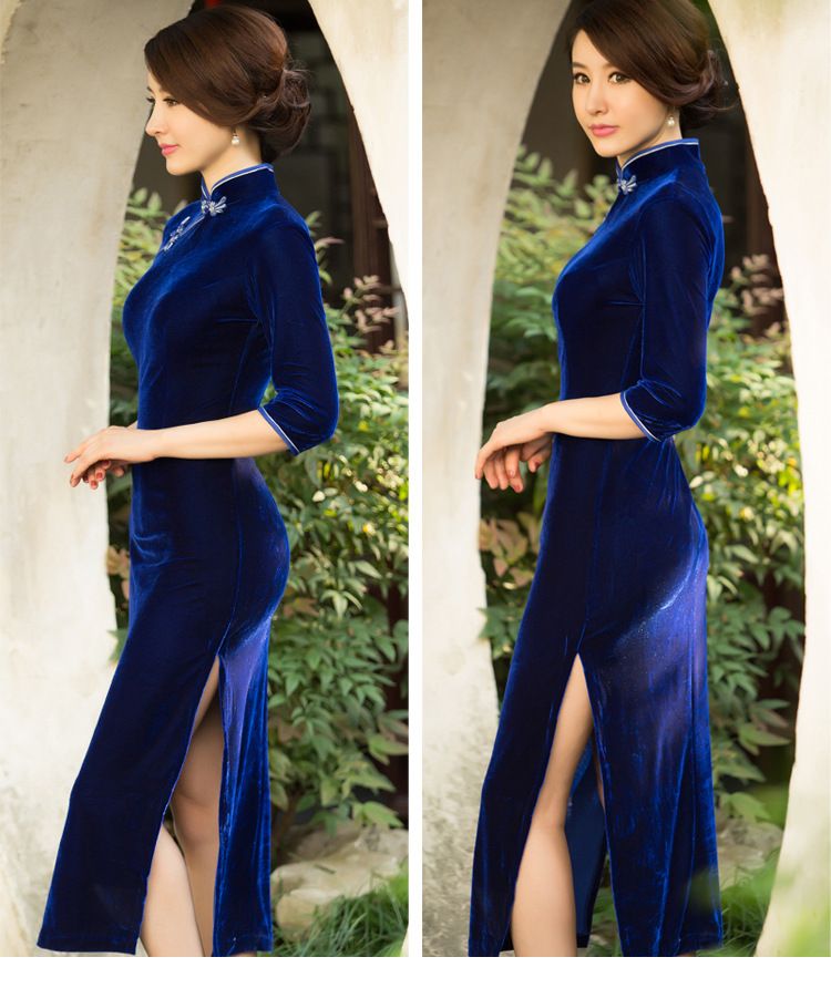 2017 Elegant Styel Dark Blue Velvet Chinese Dress With Piping And ...