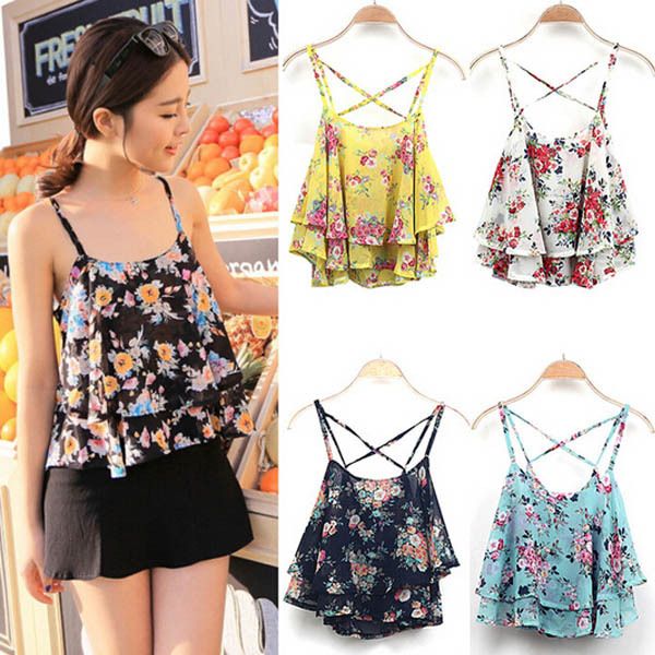 Women/'s Layered Strappy Frill Chiffon Crop Floral Print Ladies Cami Vest Top