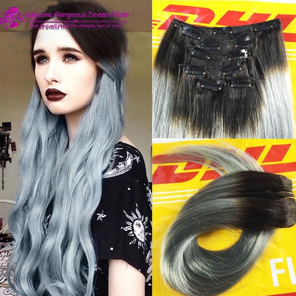 Black To Granny Silver Two Color Ombre Clip In Human Hair