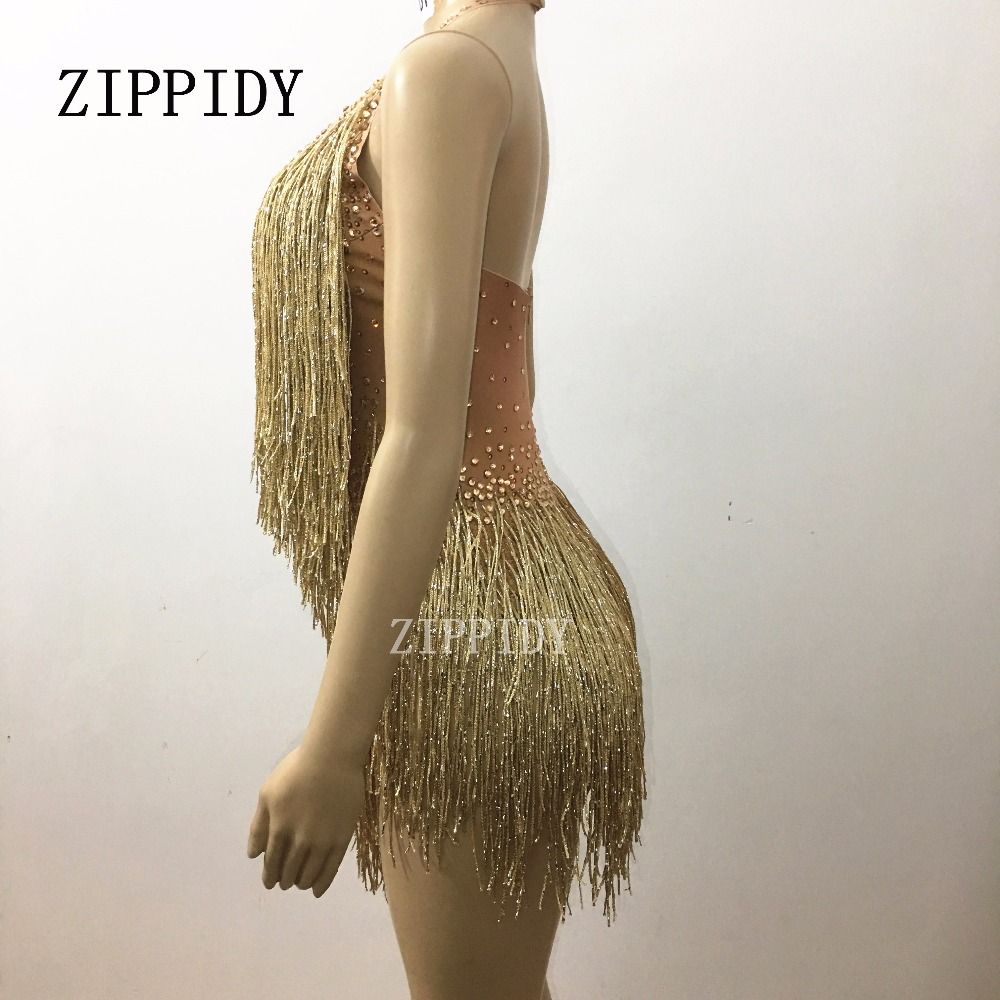 2020 Sparkly Gold Tassel Bodysuit Rhinestones Outfit Glisten Beads