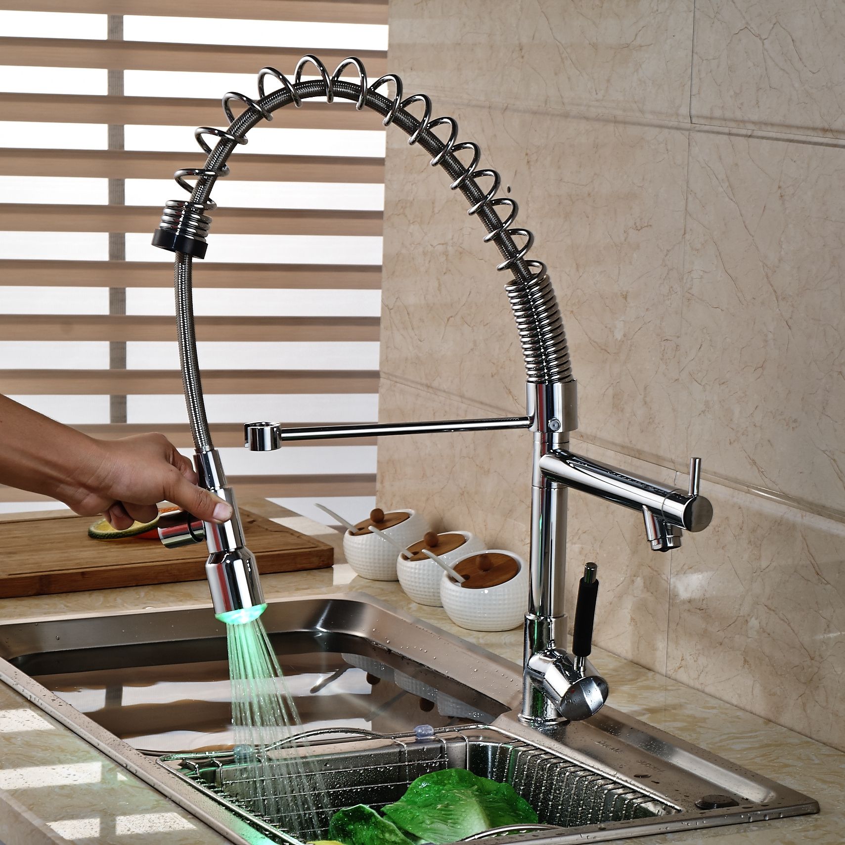 Luxury Tall Spring Kitchen Faucet Chrome Brass Vessel Sink Mixer Tap Dual Sprayer Single Handle Hole