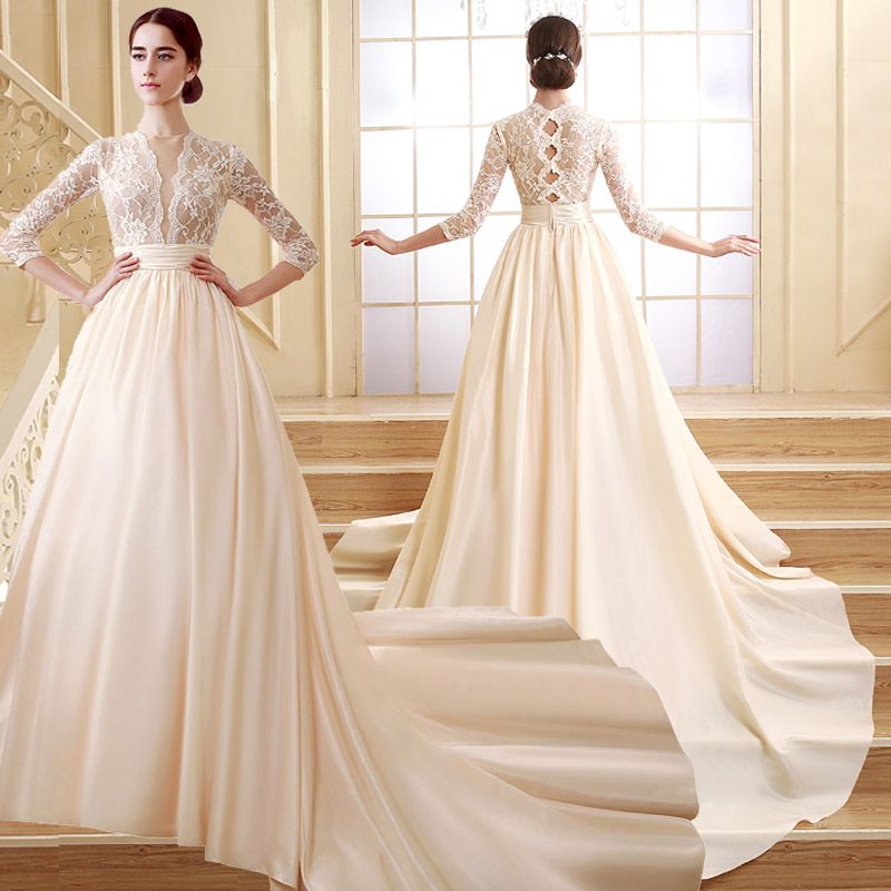 Zcl02 Cheap Illusion Bodice Lace 3 4 Long Sleeve Wedding Dresses