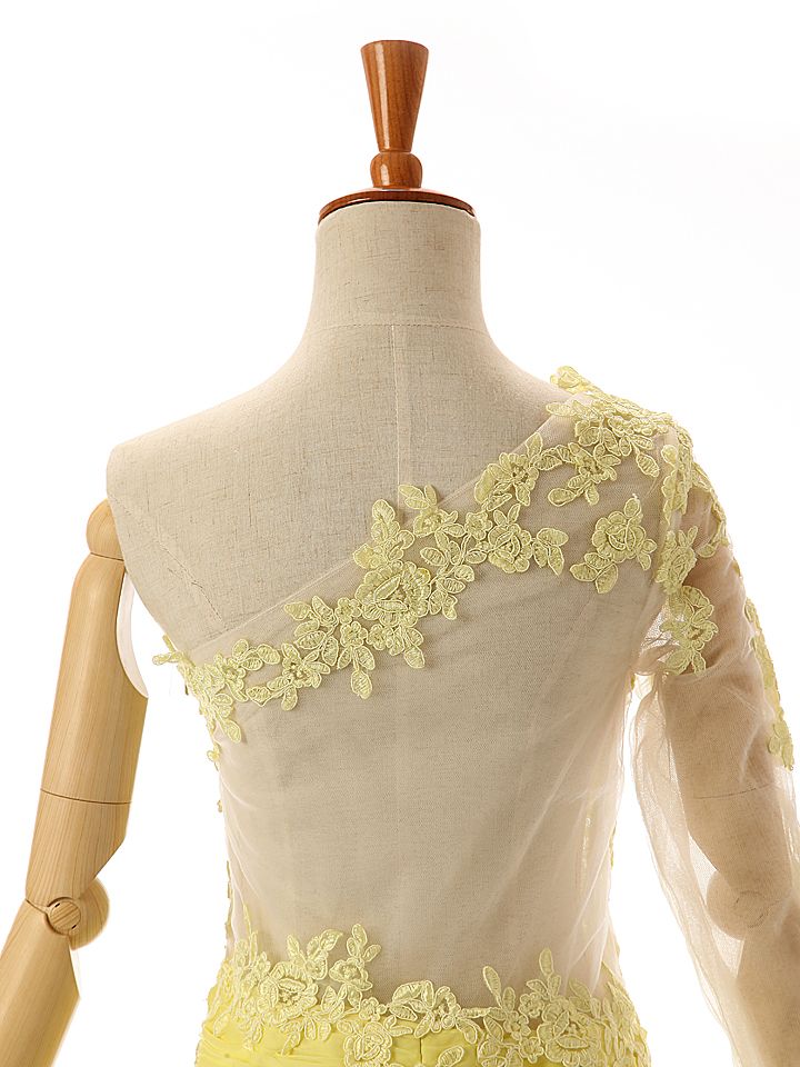 Yellow Lace Bridesmaid Dresses One Shoulder Long Sleeves Real Photo Chiffon Long Maid Of Honor