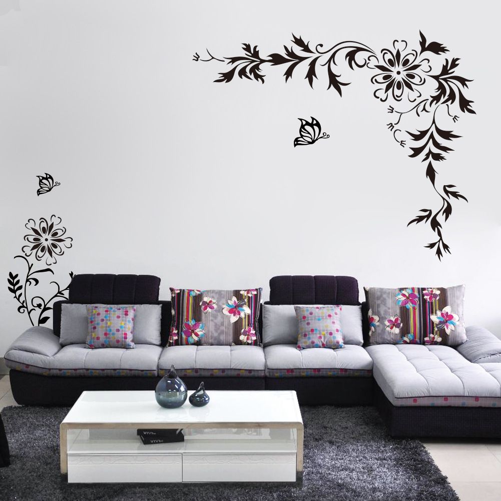 Black Butterfly Diagonal Flowers Rattan Wall Art Mural Decor Sticker Sofa Tv Background Wall Decal Poster Home Art Wall Applique