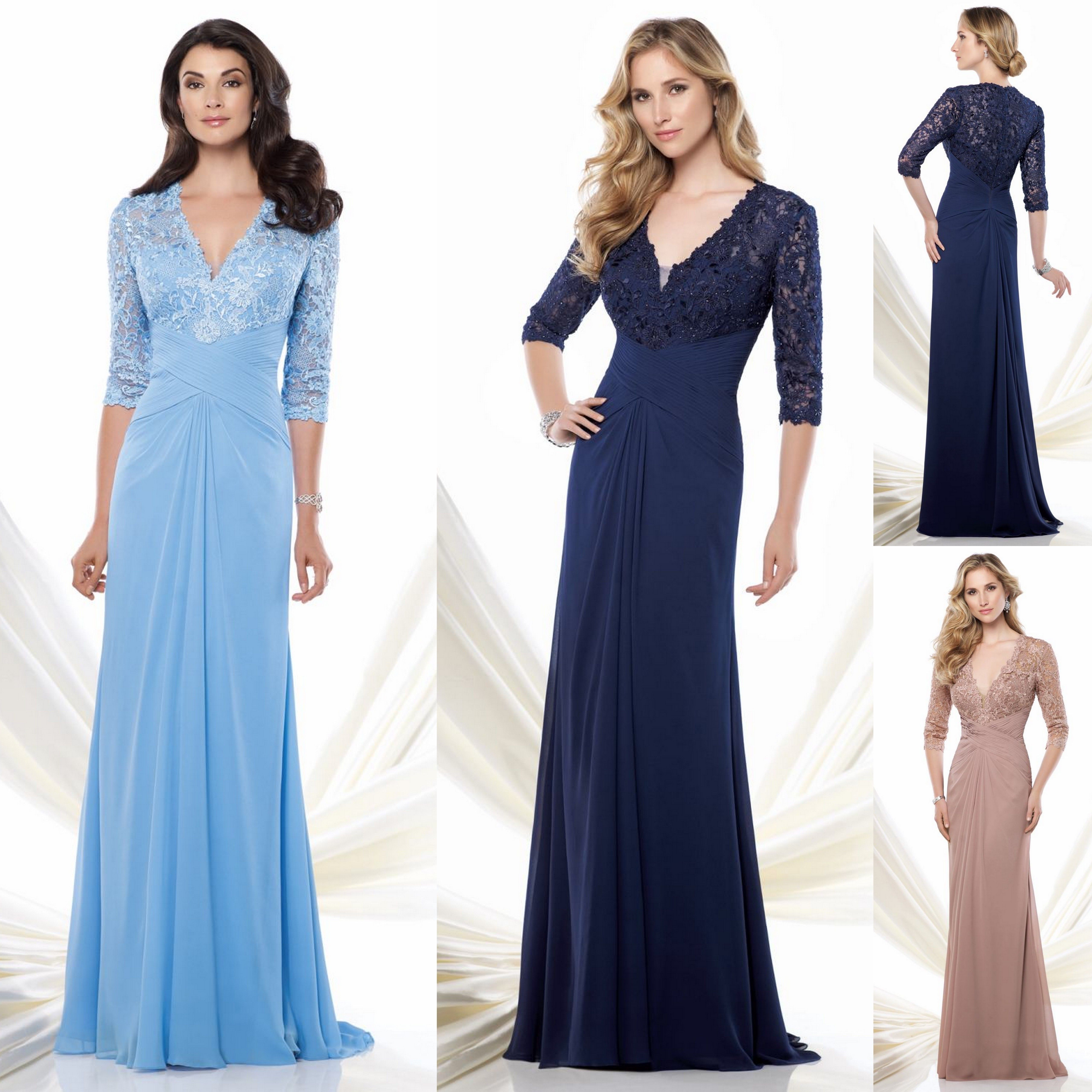 Navy Blue V Neck Mother Of The Bride Dress 3 4 Sleeves Chiffon Long