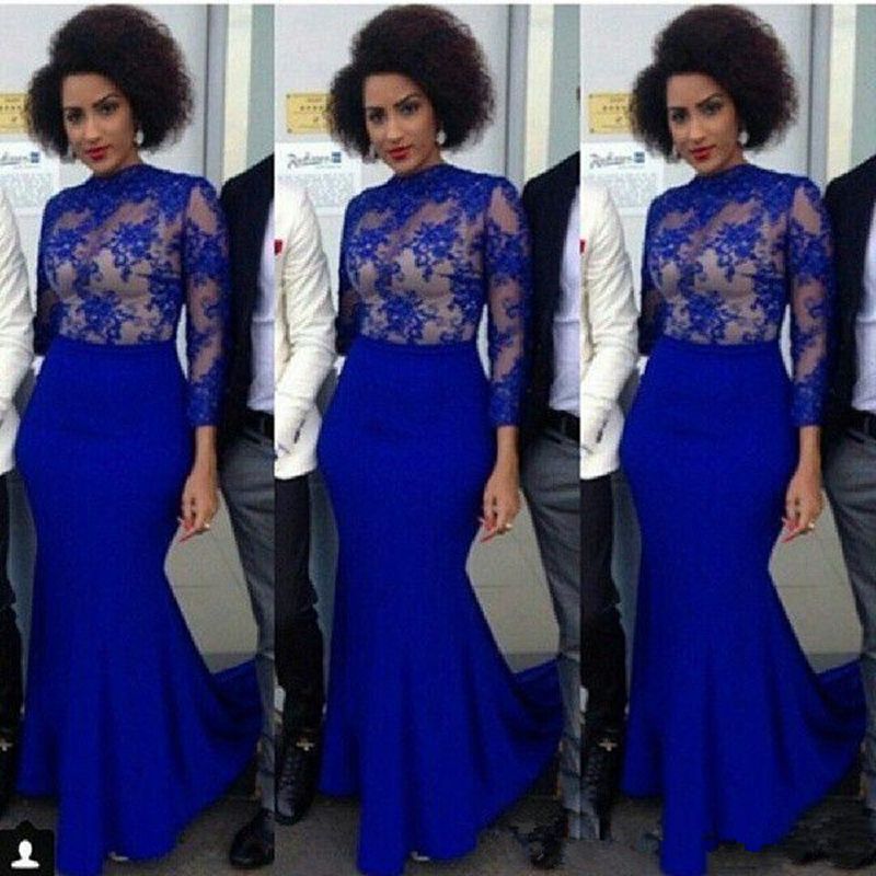 African Royal Blue Long Sleeves Evening Dresses Mermaid Nigerian Lace