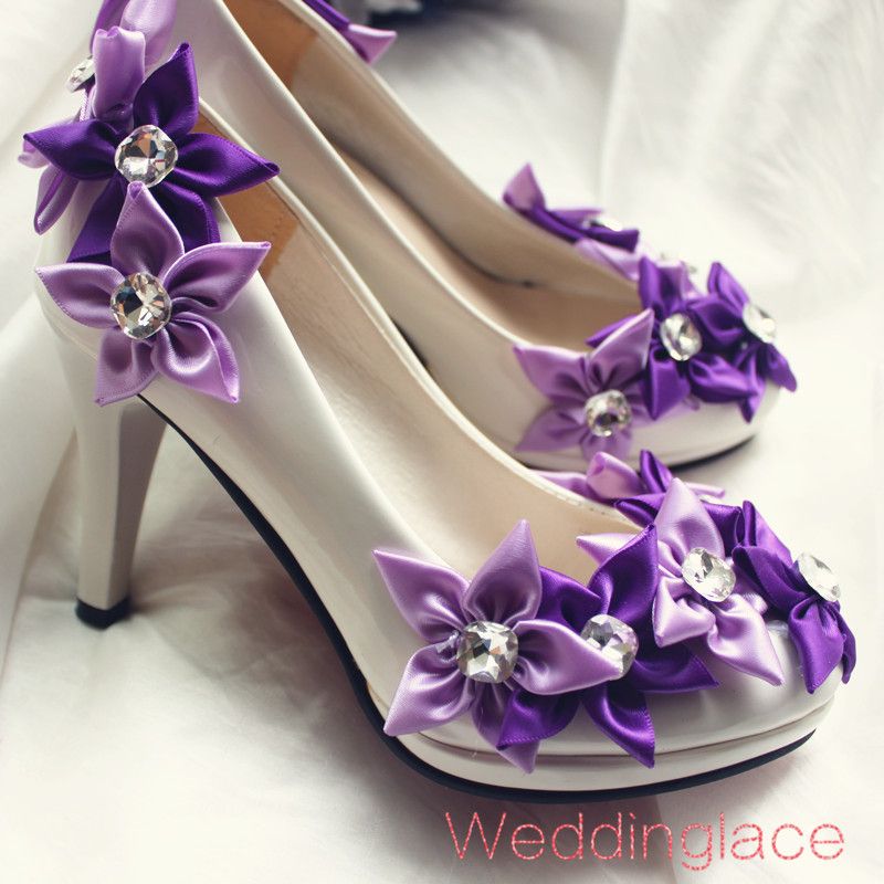 Wedding Shoes Handmade Satin Purple Flower With Rhinestone ...