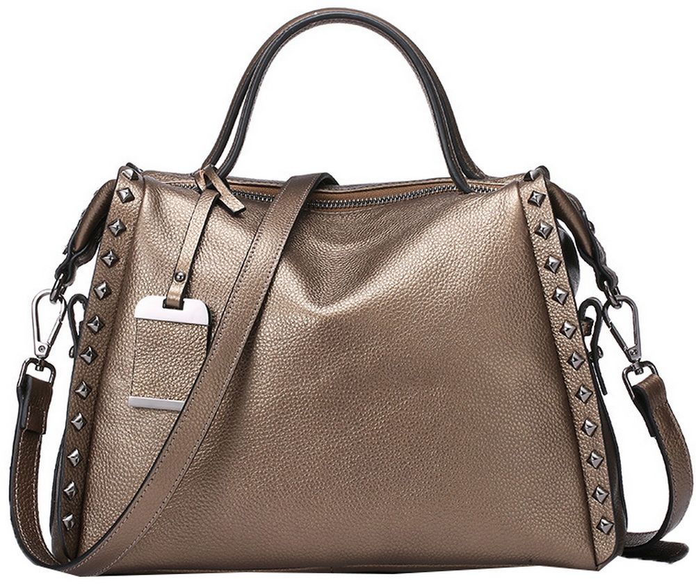 Vigusia * Metallic Real Leather Bronze Handbag Totes Designer Top ...