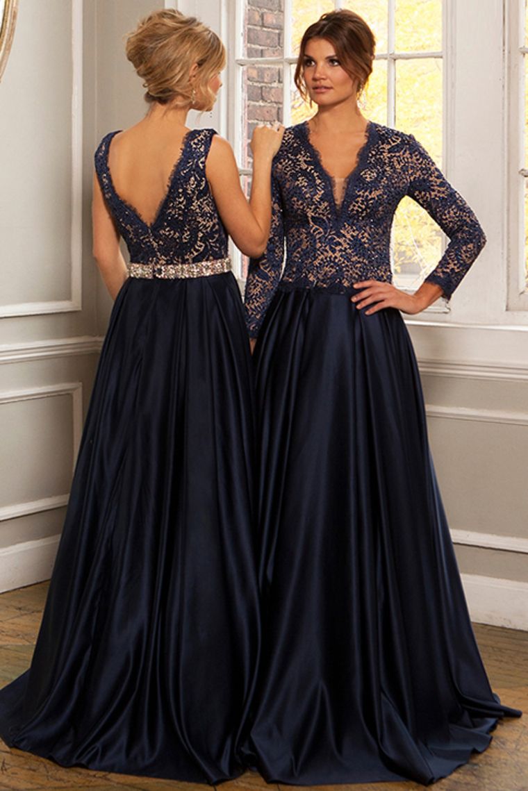 Navy Blue Long Party Mather Online Gowns Long Sleeve Appliques Lace