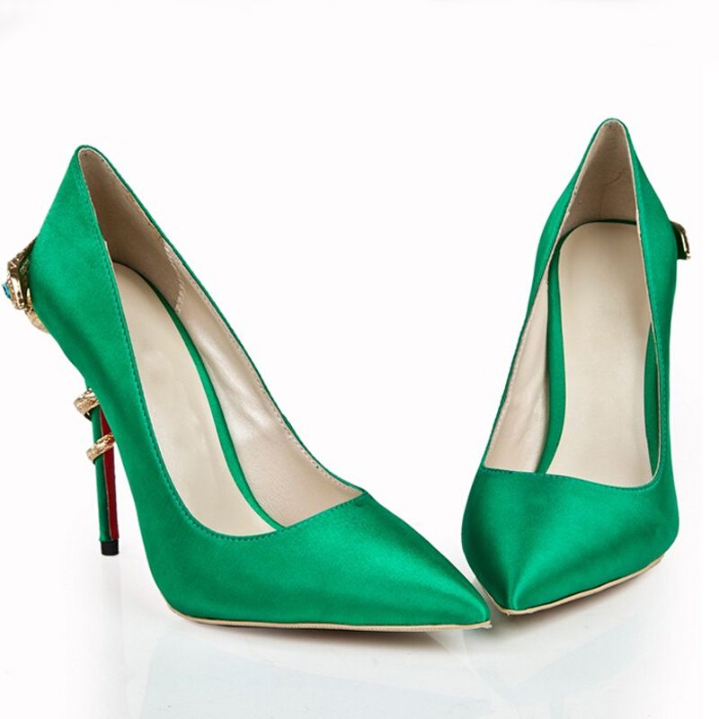 Green Pointed Toe Women Pumps Satin 120mm High Heel Prom