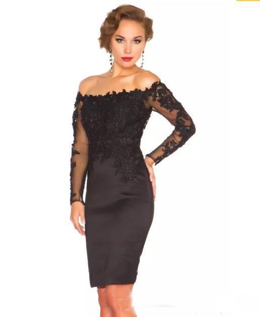 2017 Elegant Black Short Evening Dresses Off Shoulder Sheer Long Sleeve Knee Length Women Formal Party Cocktail Dress Outfit Lace Satin Lilac Cocktail Dress Navy Cocktail Dresses From Lovewedding888 73 7 Dhgate Com