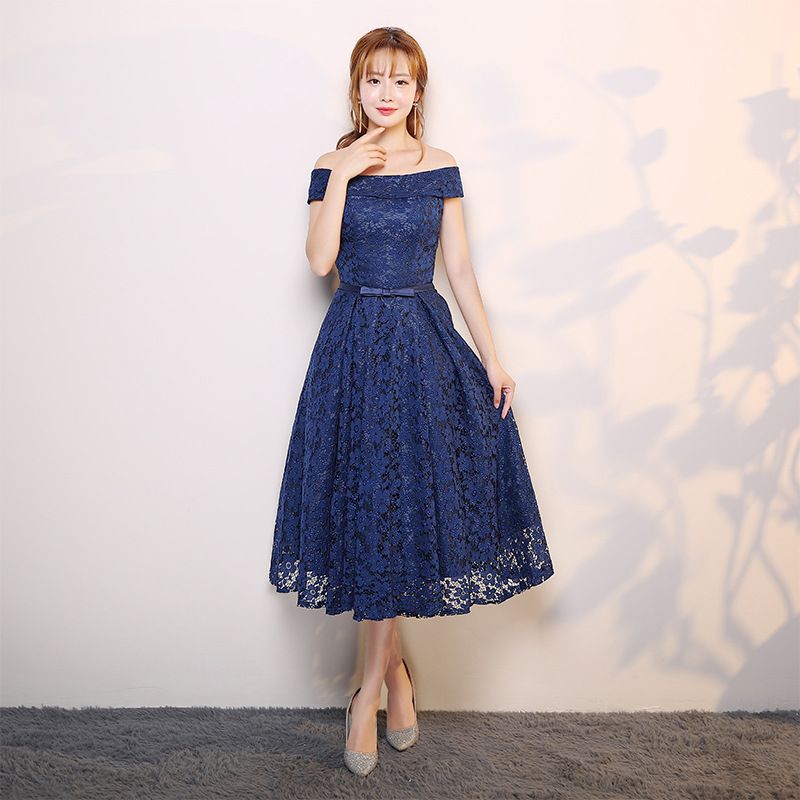 navy blue lace tea length dress