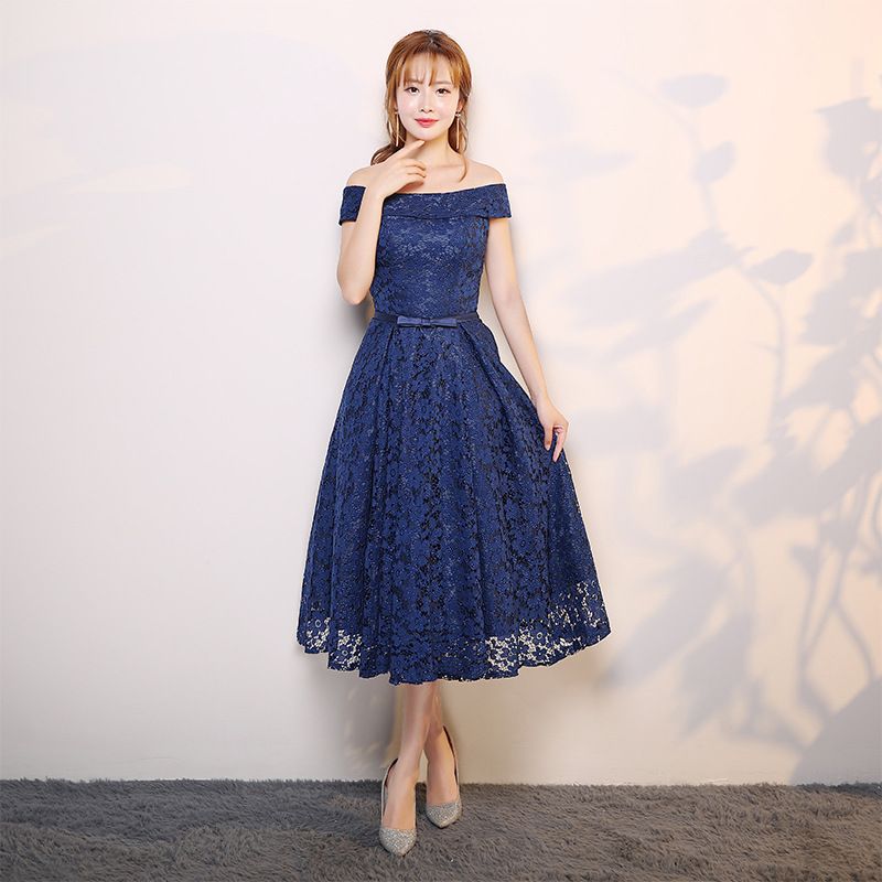 navy blue tea length cocktail dress