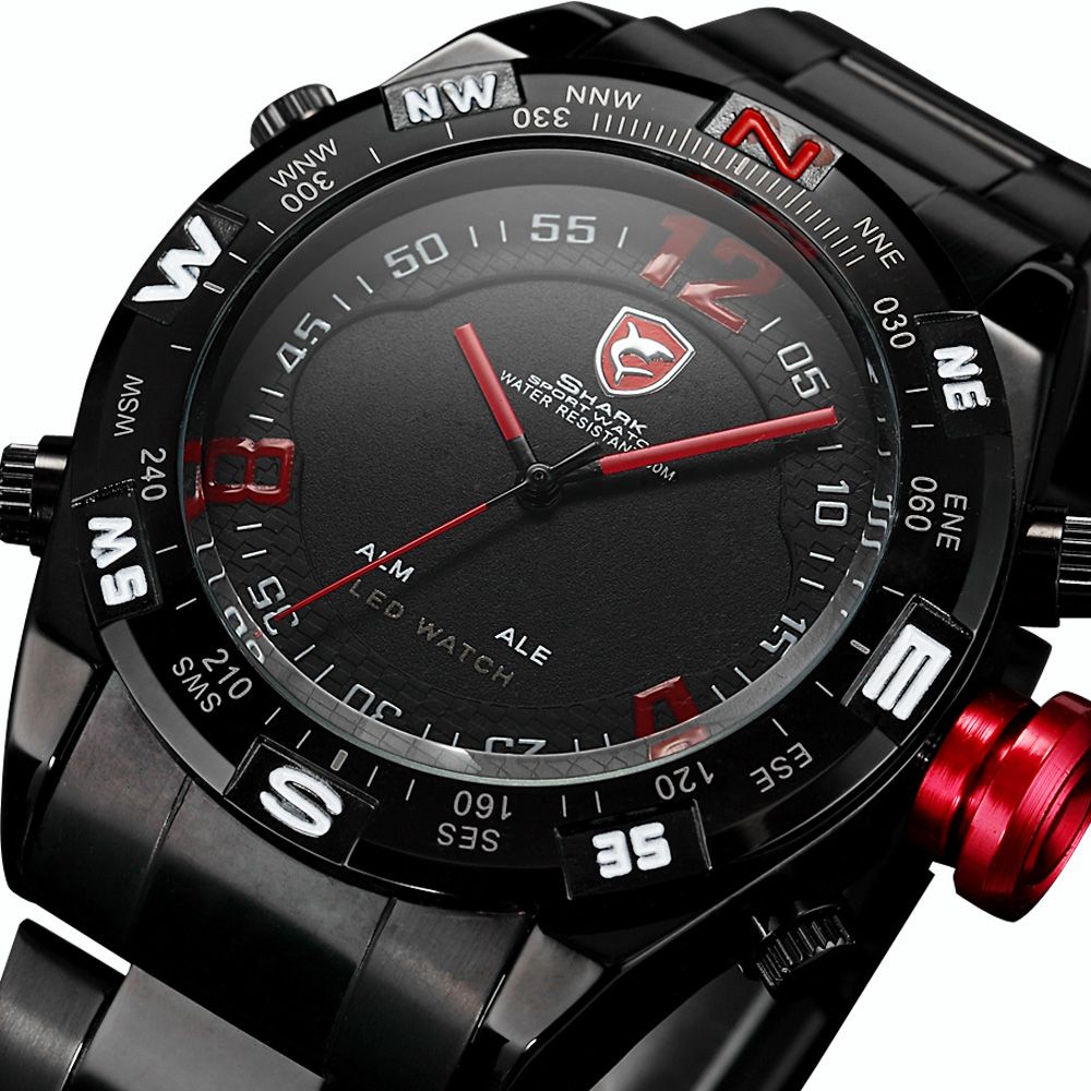 SHARK Sport Watches LED Black Stainless Steel Band Date Alarm Red