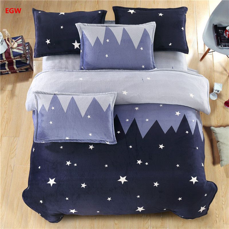 home textile blue star bedding set whale cat king queen winter warm star flannel sheets