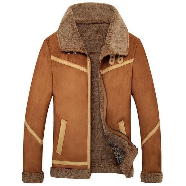 New Men Suede Leather Jackets Winter Fur Coats Vintage Camel New Men Suede Leather Jackets Winter Fur Coats Vintage Camel Coffee Man Wool Outerwear Warm Fleece Lining Mens Coat