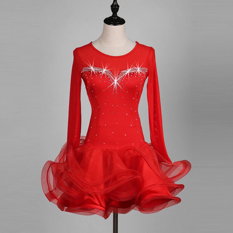 Compra Adulto / Niñas Baile Latino Vestido Salsa Tango Chacha Ballroom  Práctica De Competencia Vestido De Baile Rojo Manga Larga Vestido De Flores  De Diamantes De Imitación Personalizado Barato | Entrega Rápida
