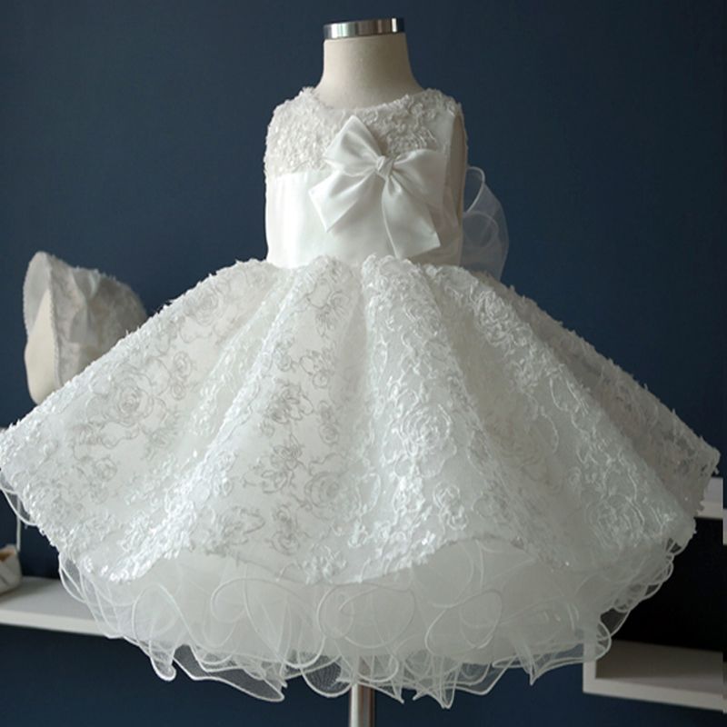 White Lace Toddler Ball Dress For First Communion Round Neckline Kids ...