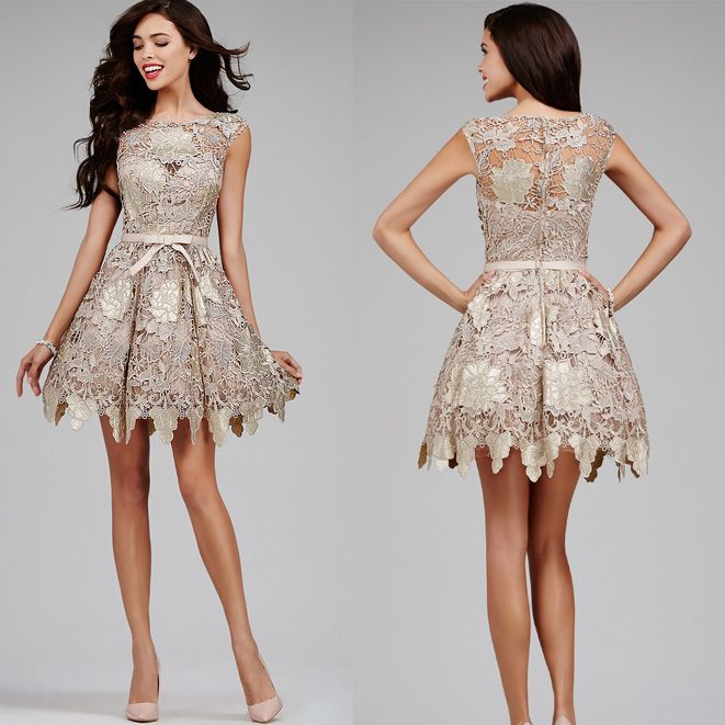 Short Cocktail Dress A Line Jewel Bow Lace Evening Party Dresses 2015