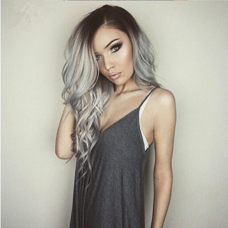 2 Tones Synthetic Lace Front Wig Gray Grey Silver Ombre ...