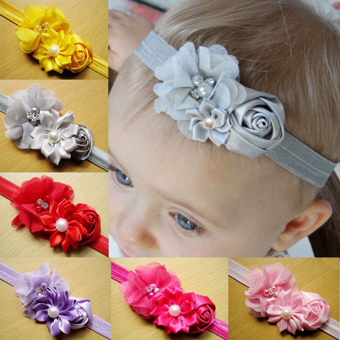 Fashion Baby Hair Accessories Rose Flower Headbands Pearl Rhinestone