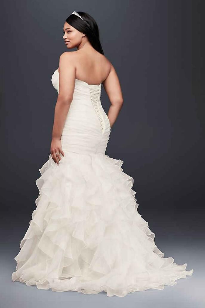 Organza Plus Size Mermaid Wedding Dress With Lace Up Back Ruffled Skirt