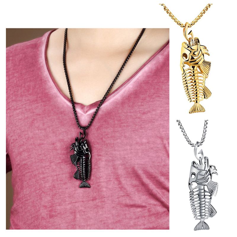 Whole Piranha Fish Bone Fishing Hook Pendant Necklaces Punk Whole Piranha Fish Bone Fishing Hook Pendant Necklaces Punk Style Men 316l Steel Link Chain Personality Jewelry Horseshoe Necklace Silver