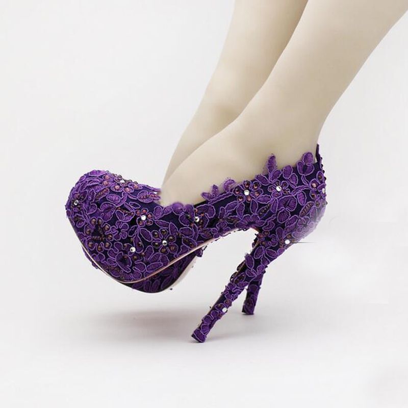 Purple Flower Rhinestone Bridal Shoes High Heels Stiletto Lace