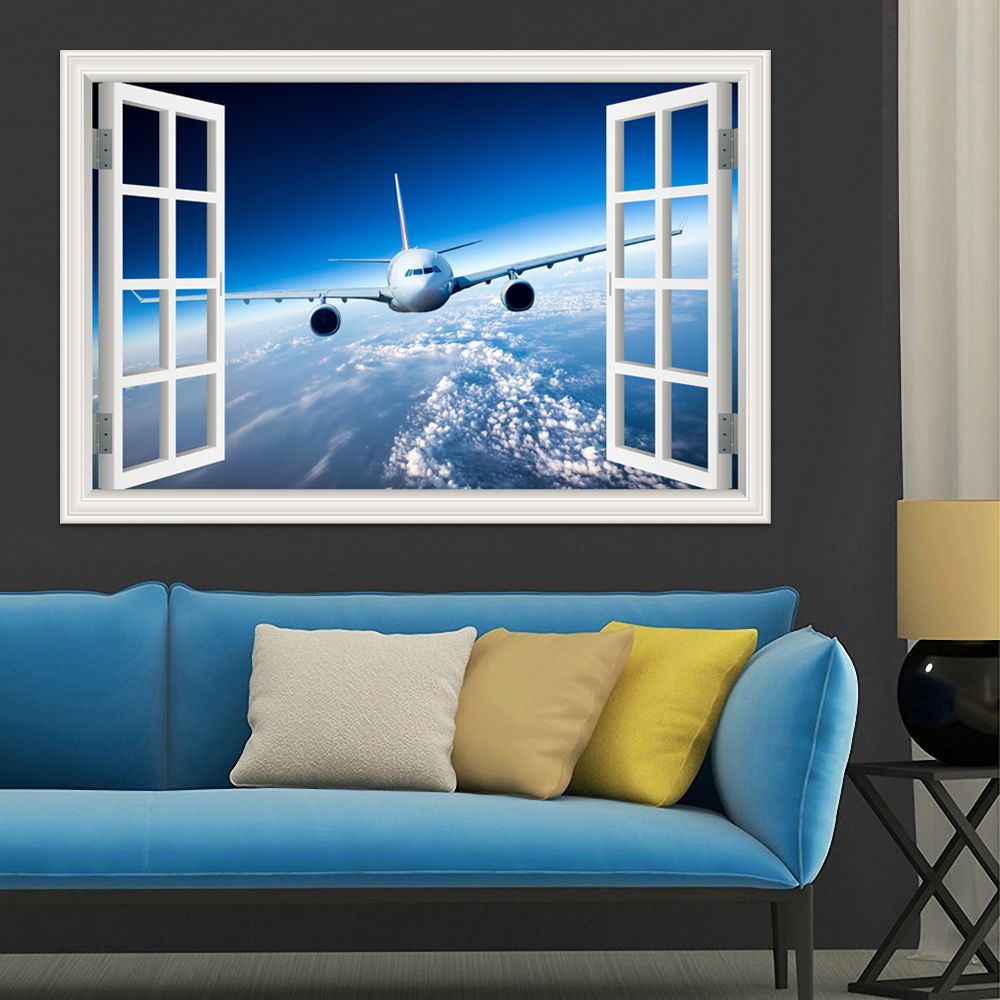 3d Landscape Wallpaper Airplane Wall Sticker Decal Vinyl Art Mural Large Window View Blue Sky Home Decor Living Room