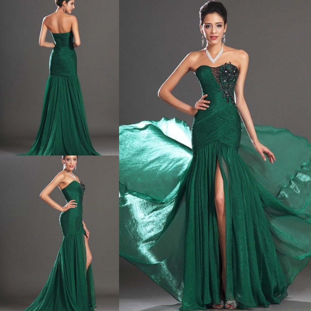 Dark Green Slit 2015 Prom Dresses For Evenings Strapless Tight Bodice ...