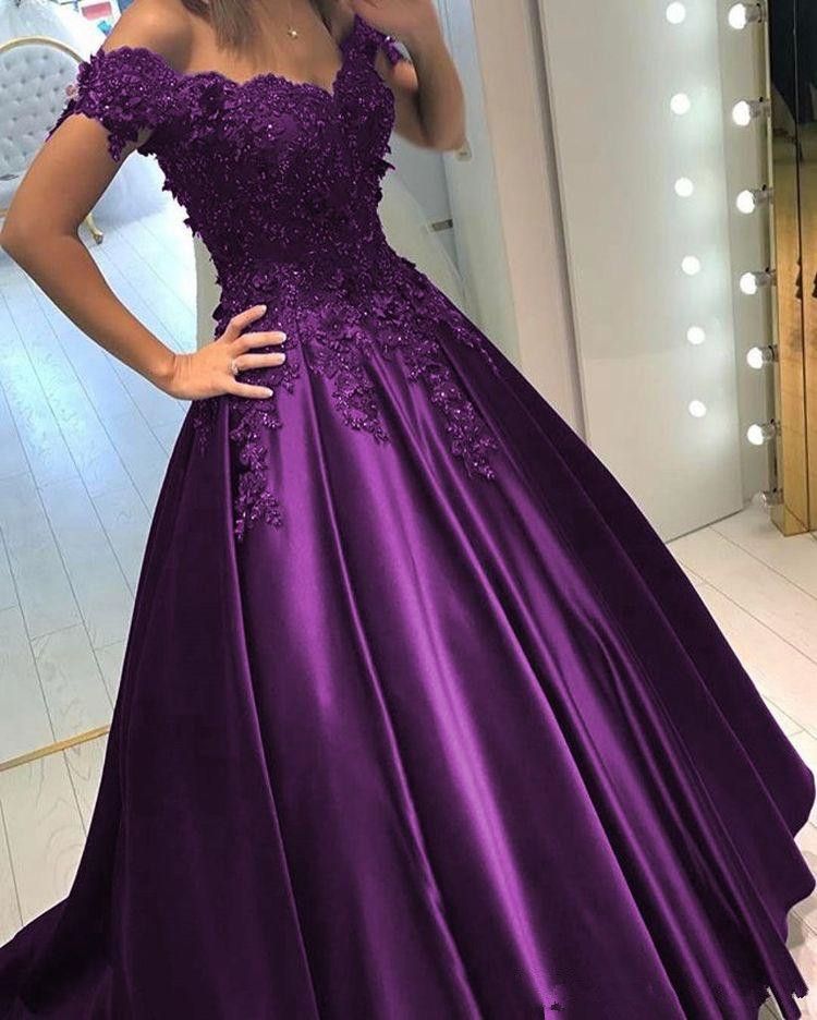 Modest Purple Ball Gown Prom Dress V Neck Sleevless Lace Applique ...