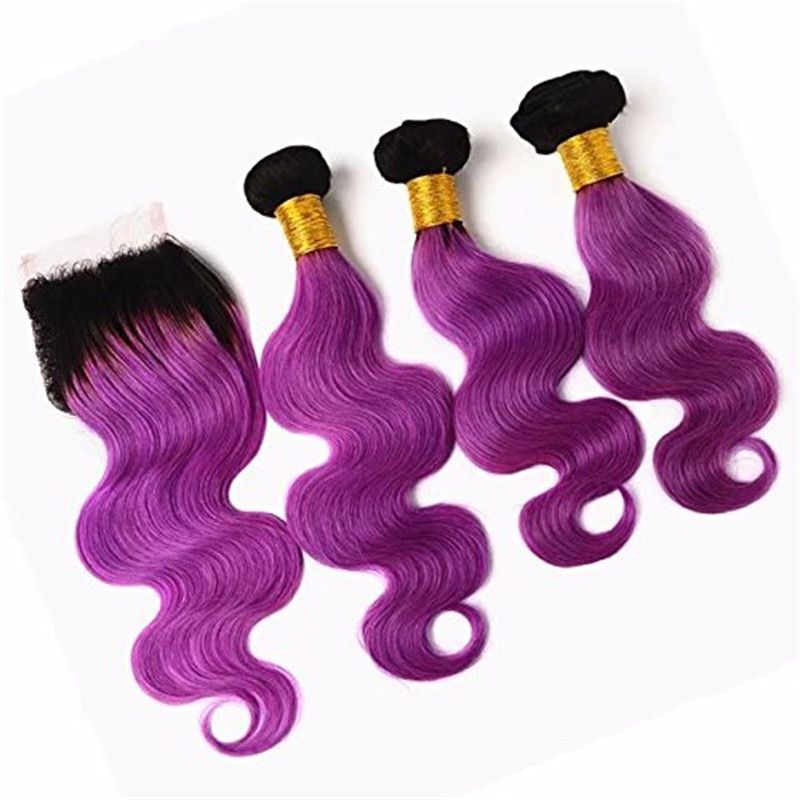 2019 Purple Ombre Hair With Closure Two Tone Black To Purple Dark