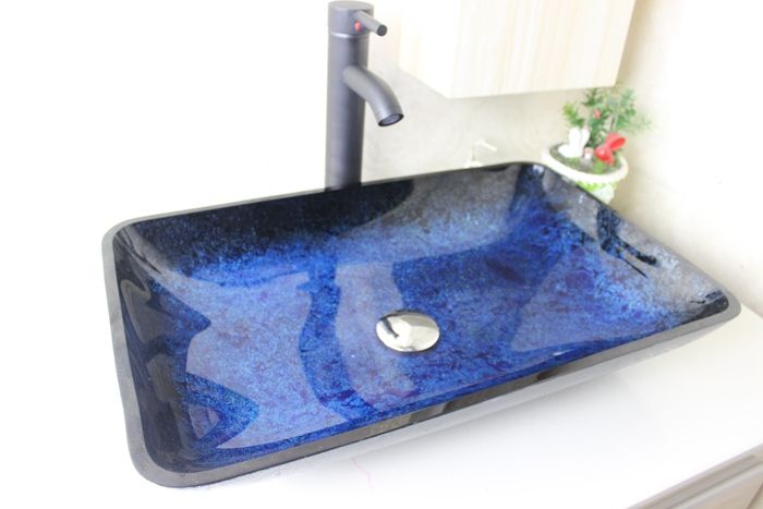 Blue Foil Rectangular Basin Tempered Glass Vessel Sink With Faucet Set N 654
