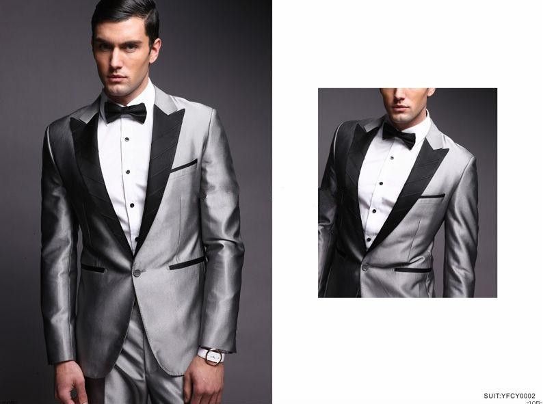 New Handsome Peaked Lapel Silver Grey Groom Tuxedos Groomsman Men'S ...