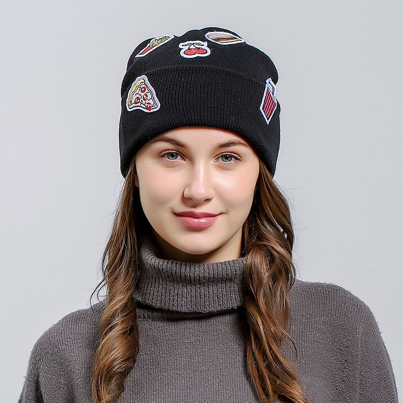 Skully Beanies Ice Cream Patch Hat For Women Warm Fashion Knitting Warm Wool Cap Fashion Winter