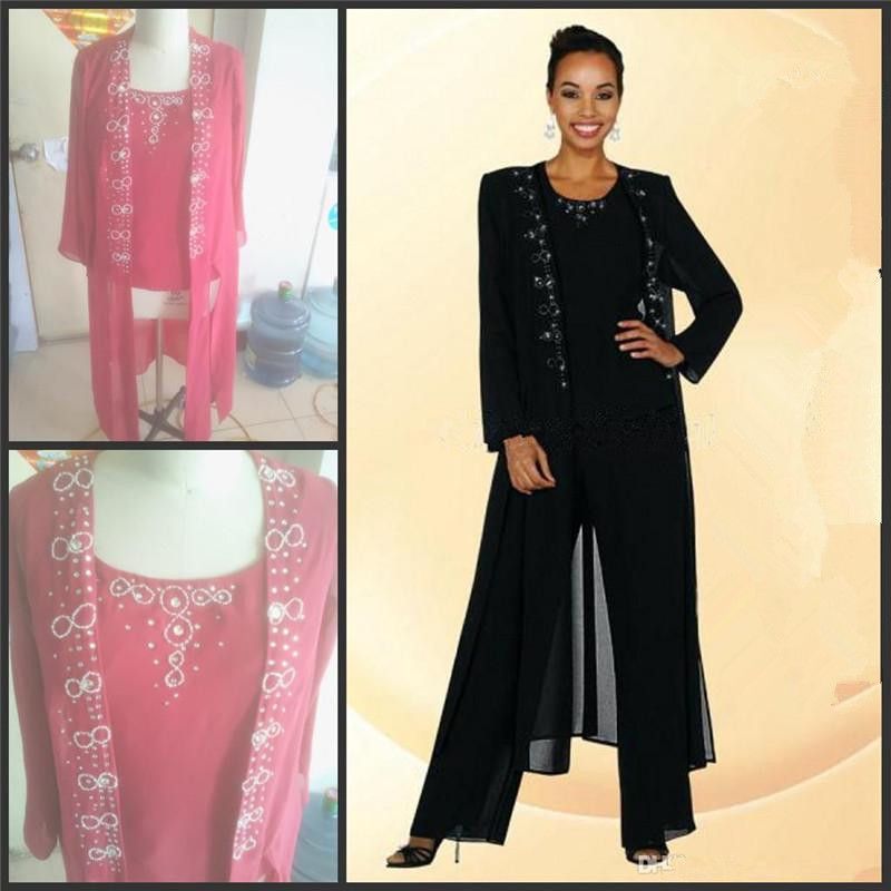 2016 Elegent Chiffon Mother Of The Bride Pant Suits Beaded Collar Long ...