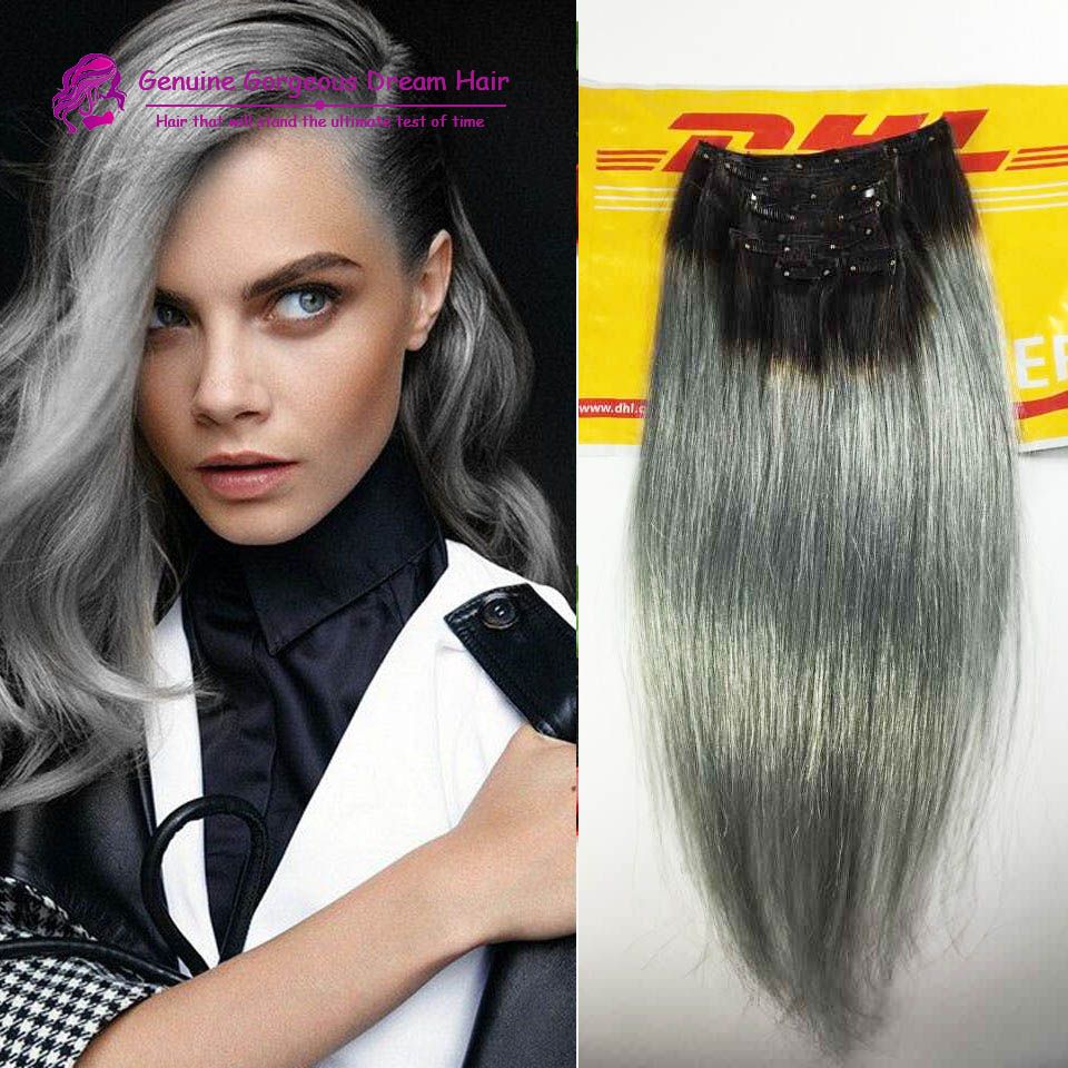 Straight Hair Ombre Grey Clip In Chinese Human Hair 1b/Grey Hair