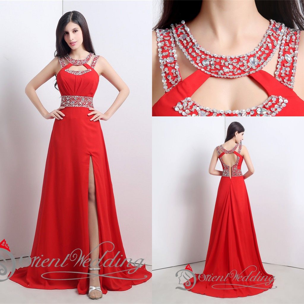 2015 Real Picture In Stock Size US6-US16 Red Sequin Beaded Slit Chiffon ...