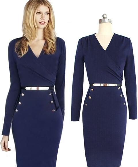 2014 New Office Lady Fashion Dresses Long Sleeve Belt V-neck Button ...