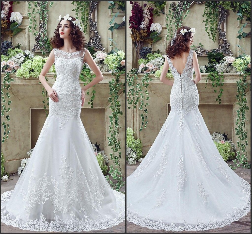 2017 Beautiful Lace Wedding Dresses Mermaid Sheer Bateau Neck With Appliques Court Train Elegant Spring Bridal Gowns With Appliques Cps247